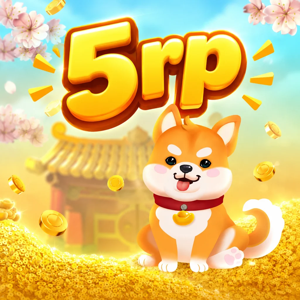 Karakter anjing corgi di atas tumpukan koin emas dalam game Win Win Won di 5rp